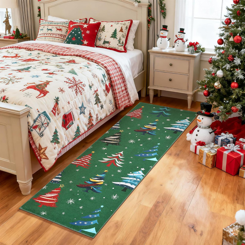 Runner Rug, Washable Rug for Home Decor, Indoor Non Slip Carpet, Soft Low Pile Christmas Rugs with Xmas Tree Motif for Kitchen, Entryway, Living Room, Bedroom