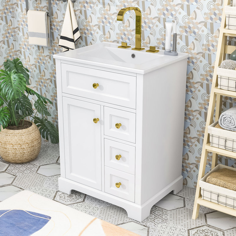 Meuble-lavabo sur pied élégant avec lavabo en céramique, porte à fermeture en douceur et grand espace de rangement, Blanc