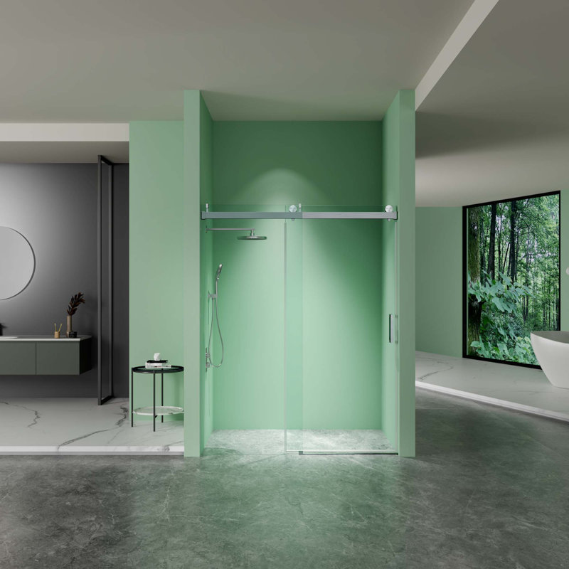 Frameless Soft-Closing Single Sliding Shower Door,Tempered Glass With Easy-Cleaning Coating