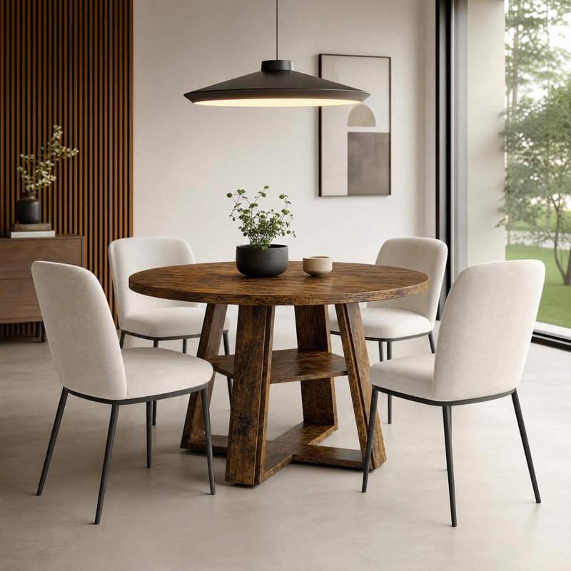43" Round Dining Table with Storage Shelf, Modern Farmhouse Kitchen Table with Pedestal Base, Brown Wood Table for 2-4, Brown