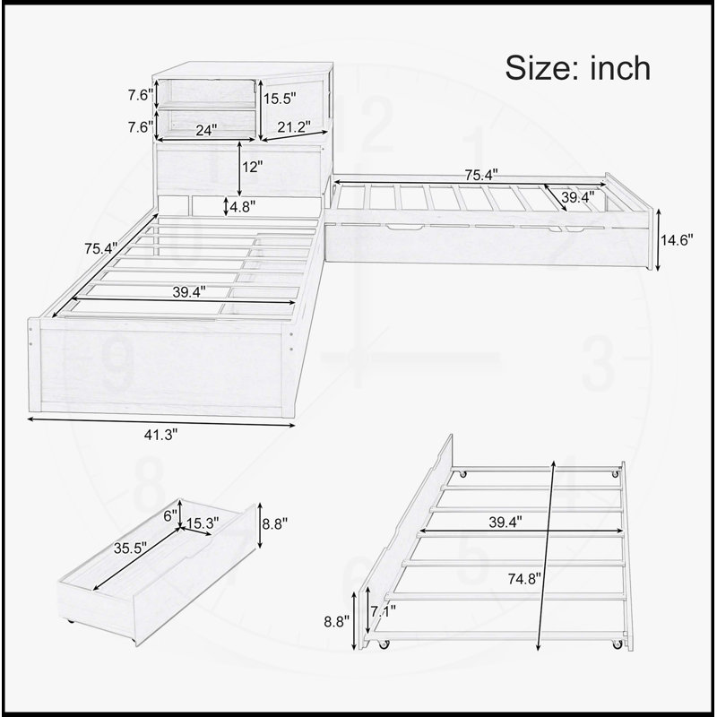 Lit simple en L avec lit gigogne et tiroir en forme de L, lit plateforme en coin bas 3-en-1 avec bureau intégré et éclairage vers le bas à DEL, blanc