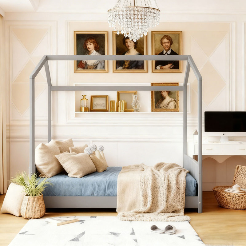 Lit en bois Velvet House, gris, Complète