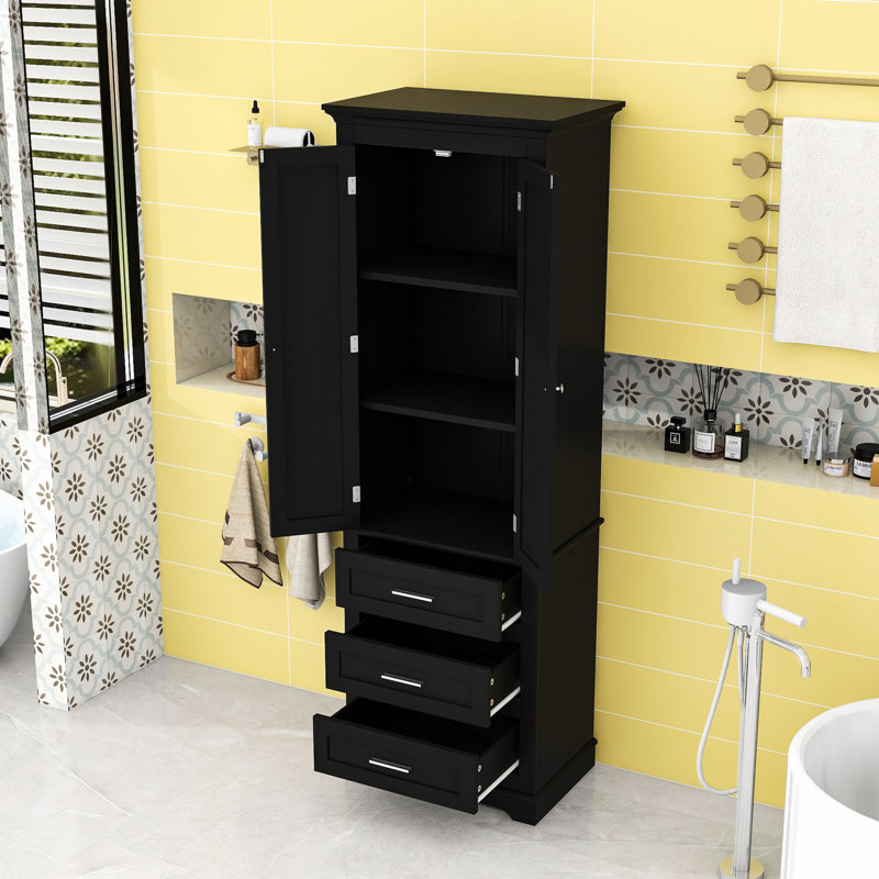 Armoire de salle de bain haute en bois avec tablette réglable, tiroirs de rangement et conception anti-basculement, Noir