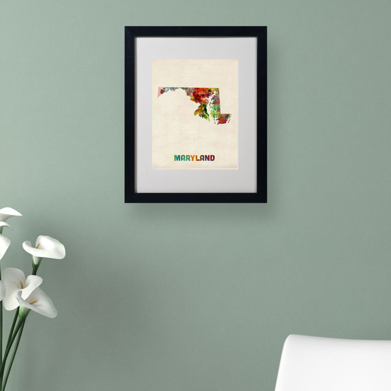 « maryland map » par michael thompsett, impression encadrée, H 14 po x l 11 po x P 0,5 po, Noir