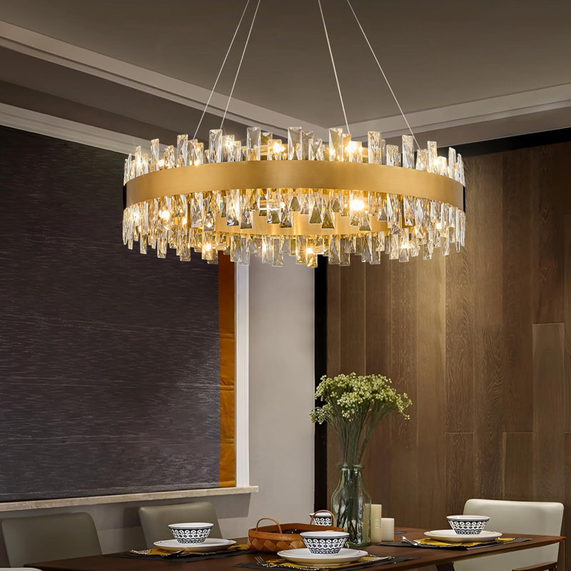 Lustre rond en cristal K9 de 31,5 pouces à intensité variable avec hauteur réglable pour la salle à manger et la cuisine, 16
