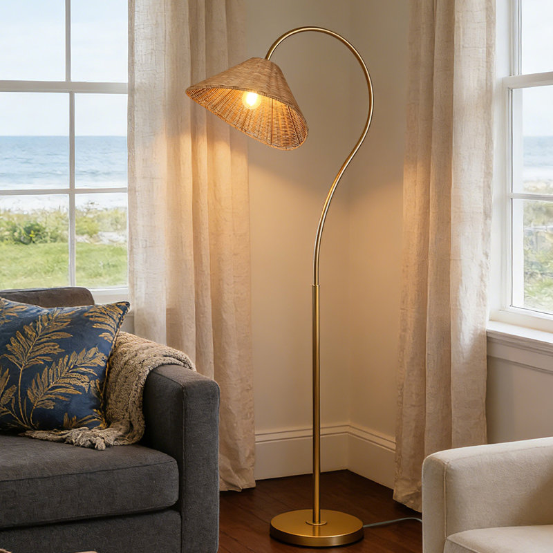 Catia 65” Arched Dimmable Rattan Floor Lamp, Gold