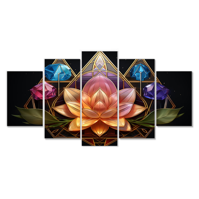 Motif géométrique de lotus rose géométrique et cristaux mauves bleus - lotus 5 pièces