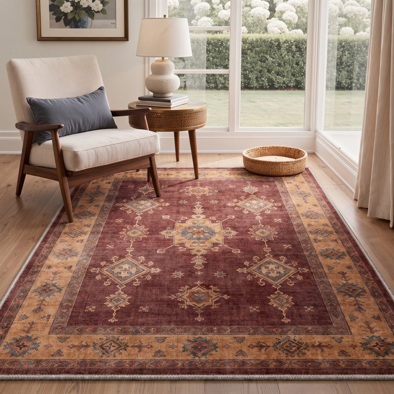 Tapis oriental traditionnel brun/rouge performant à poils courts, lavable et antidérapant, Rectangulaire 8 pi x 10 pi