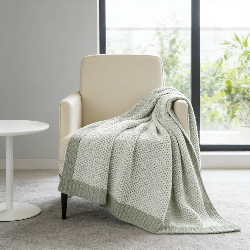 Jeté en chenille Honeycomb Knit, Rayures vertes