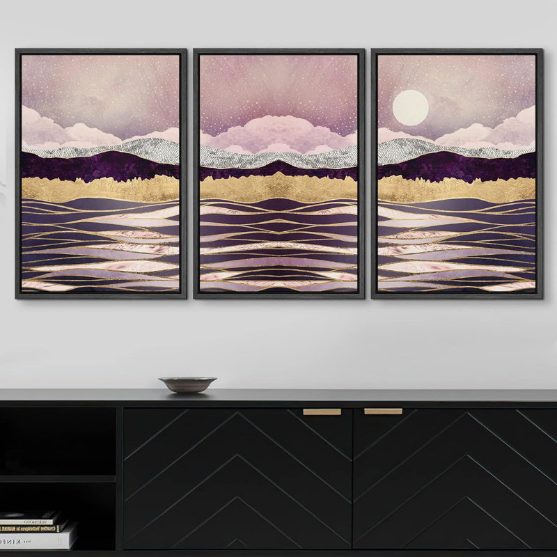 Rose rose, chaîne de montagnes, vagues de l'océan, art moderne, paysage, paysage zen, impression sur toile, 3 pièces