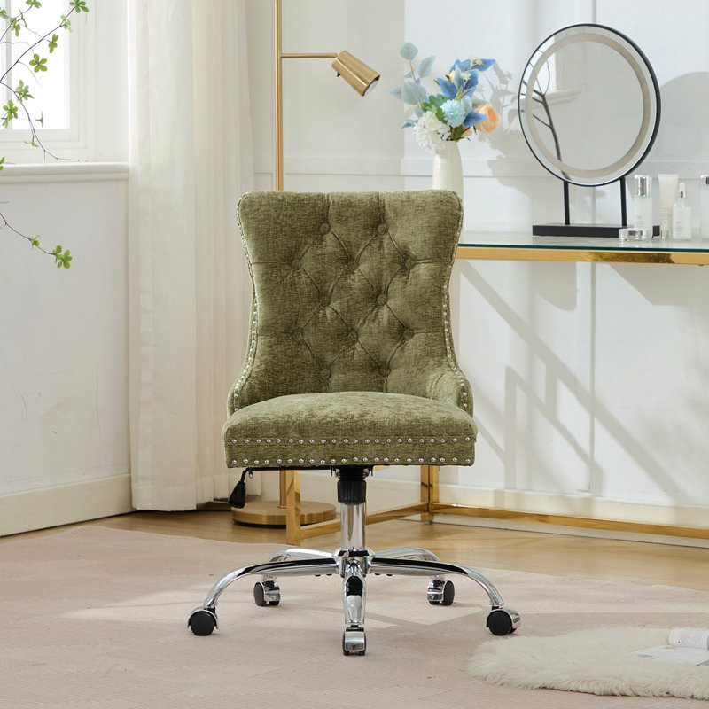 Chaise de bureau, chaise de bureau moderne rembourrée capitonnée en chenille avec base en métal chromé, chaise de bureau pivotante réglable