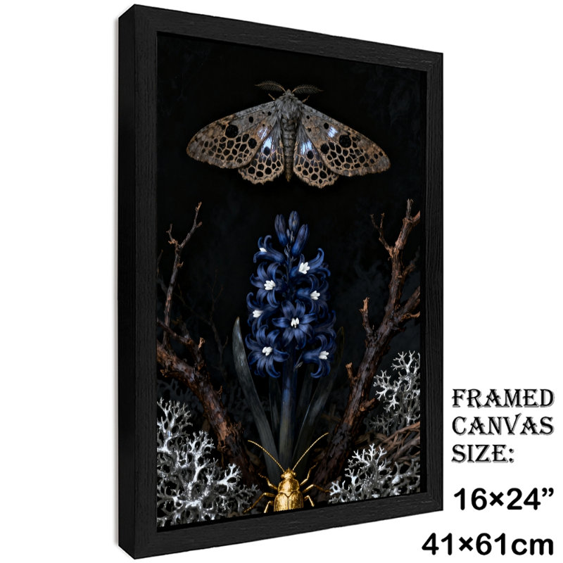 Art encadré noir, fleurs colorées et mystérieuses qui attirent les papillons, H 25 po x l 17 po