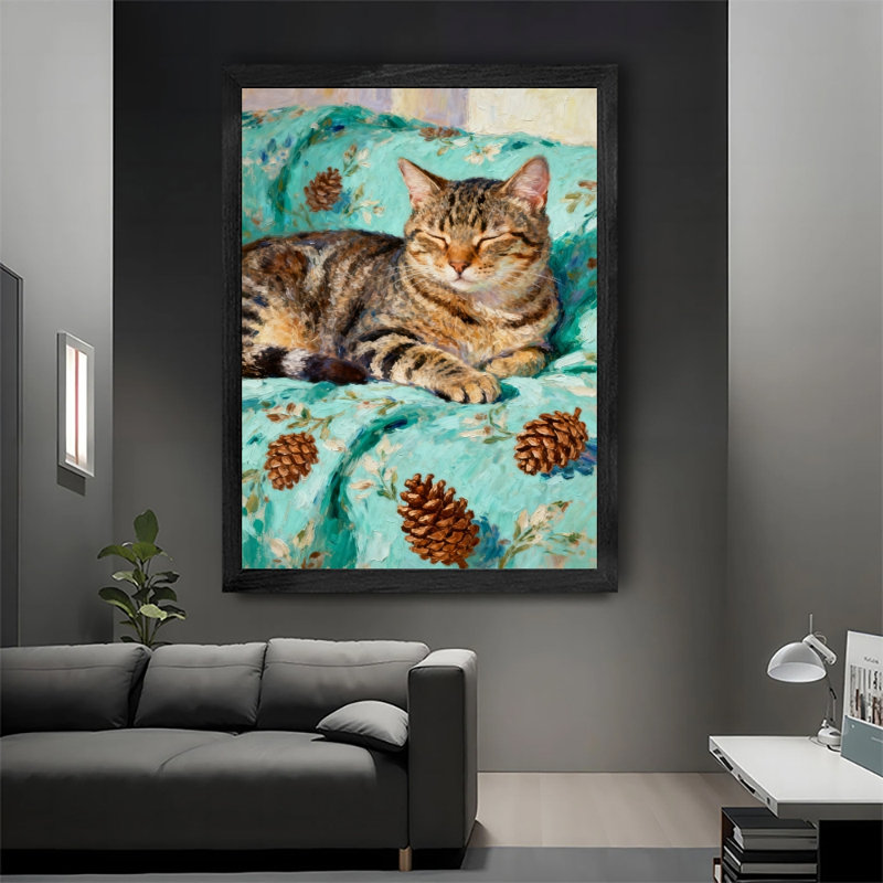 Chat noir encadré noir avec motif floral bleu, impressions de style rétro, H 11 po x l 9 po