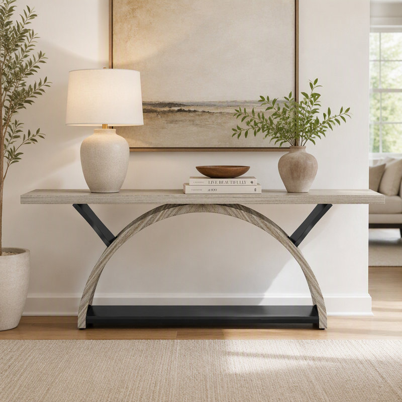 Console à 2 niveaux, table d'entrée 70,9 po avec structure en demi-lune, Gray / Black, Grey