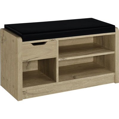 Comfortable White Oak Bench With Black Faux Leather Cushion And Open Compartment Storage Pull - Out Drawer For Entry
