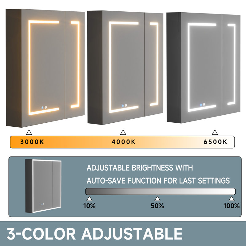 Armoire à pharmacie à DEL à intensité variable de 30 po x H 32 po à 2 portes avec miroir anti-buée, montage en surface