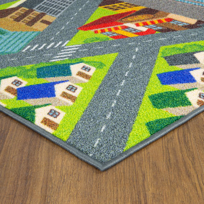 KC Cubs: Tapis éducatif: Feuille de route de la ville - Tapis de jeu de 5 pi x 7 pi - Parcours interactif pour les petites voitures, Tapis pour activités, Chambre à coucher, Salle de classe, Bébé, Tout-petit, Enfants