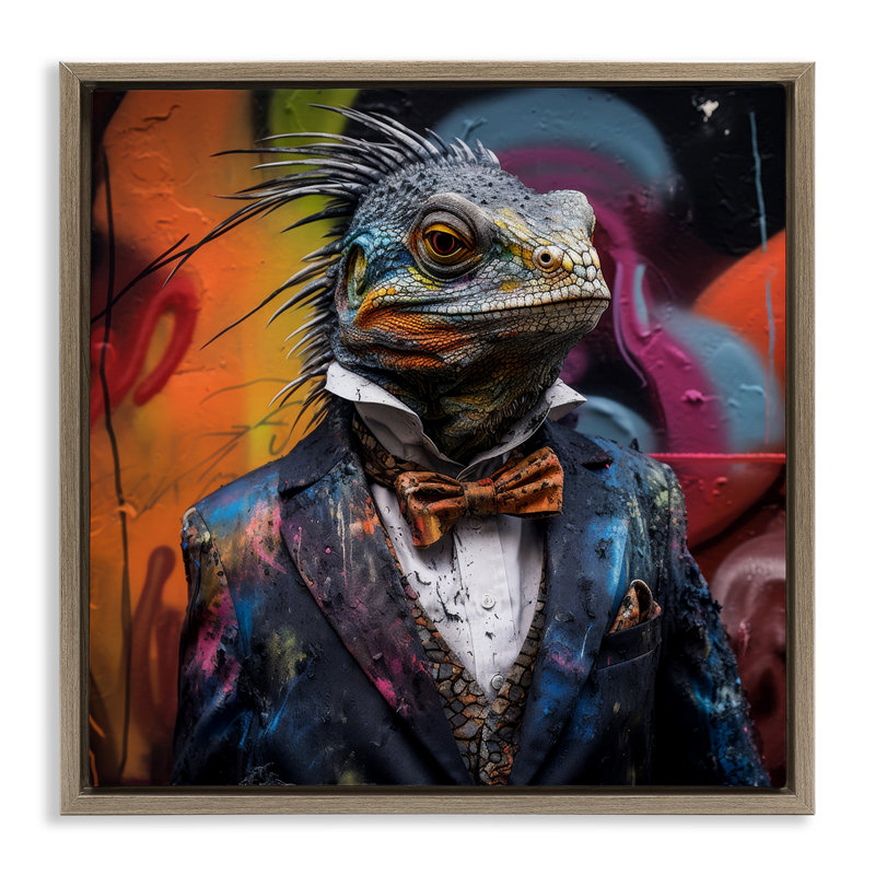 «Urban Graffiti Iguana», art mural encadré flottant doré par Lazar Studio, Cadre flottant orme Montalcino, H 25 po x l 25 po