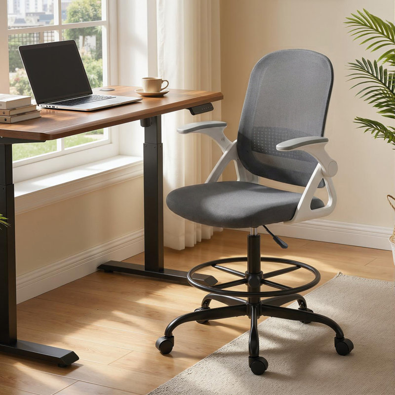 Polyester, Mesh Drafting Chair, Grey, White/Black