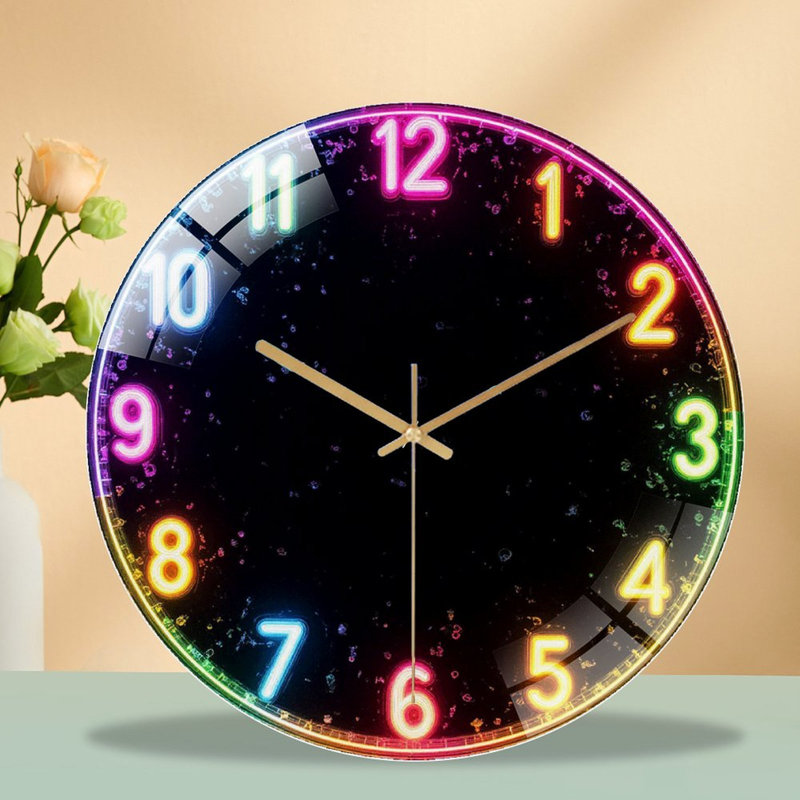 Neon Rainbow Wall Clock Light Up Home Decor Art - 12'' Modern Glass Wall Clock