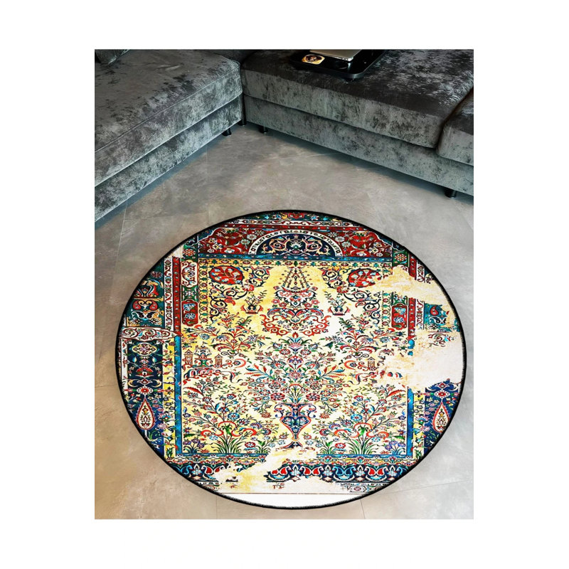 Multicolored Abstract Traditional Patterned Round Woven Base Vintage Decorative Carpet, Round 4'