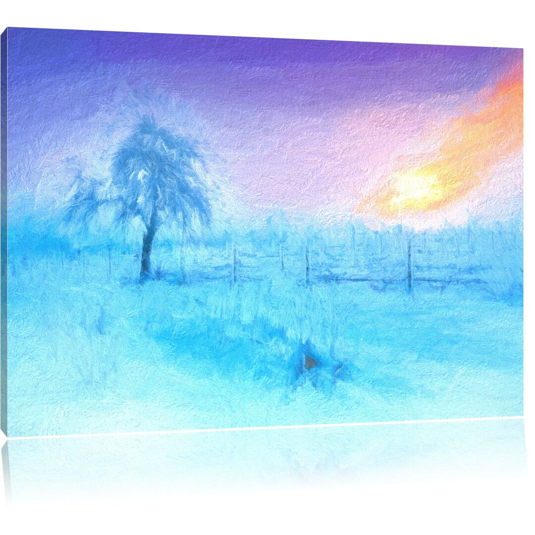 Leinwandbild Baum in Winterlandschaft in Blau/Lila