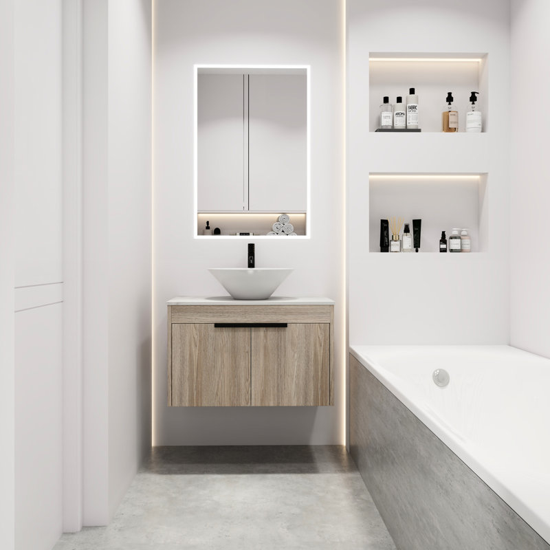 Meuble-lavabo mural 30 po avec lavabo en céramique, armoire en chêne blanc, porte à fermeture douce et poignées en métal