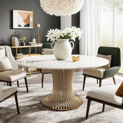 Modern 59" Sintered Stone Round Dining Table With Gold Stainless Steel Pedestal For 6 People