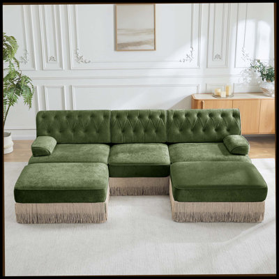 Tissu en velours confortable en forme de U respirant, canapé de style Chesterfield, jupe à franges à franges sur le plancher, conception combinée modulaire, conception ergonomique, conception capitonnée à boutons, pour chambre à coucher pour salon, vert