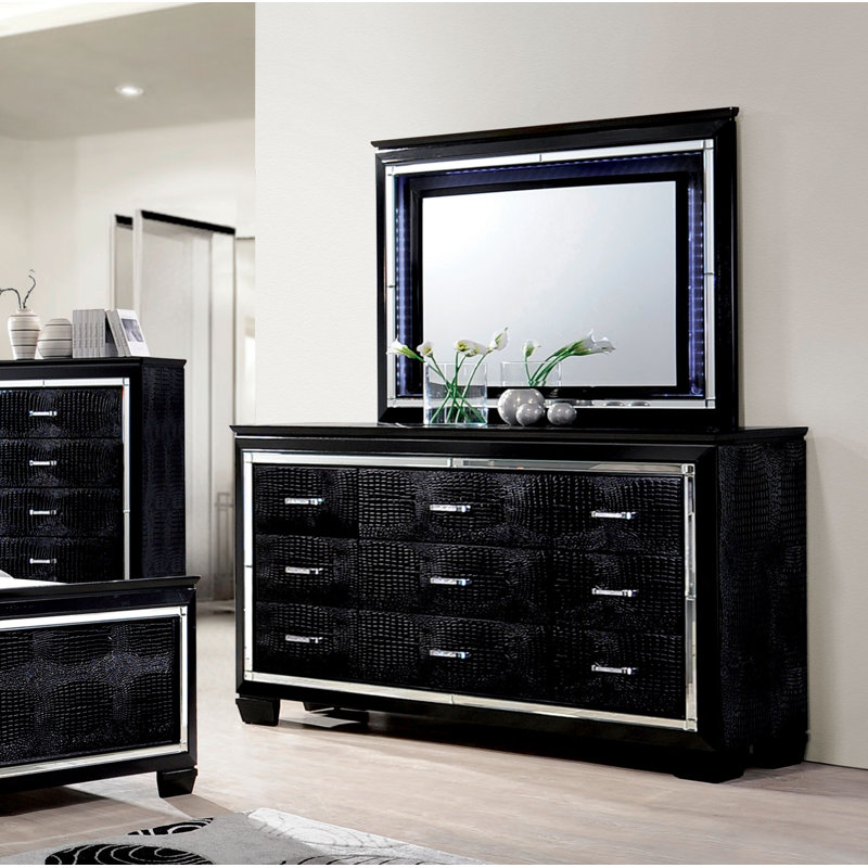 Aghanliss 9 Drawer Dresser with Mirror, Black