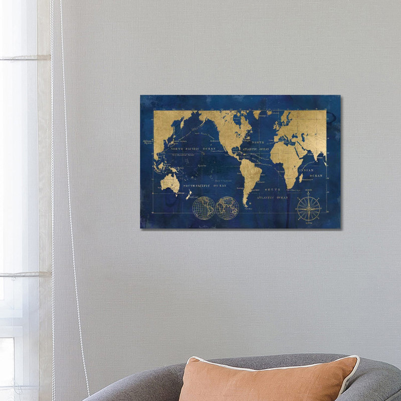 «Indigo World Map» par Carol Robinson, impression sur toile tendue, H 12 po x l 18 po x P 1,5 po