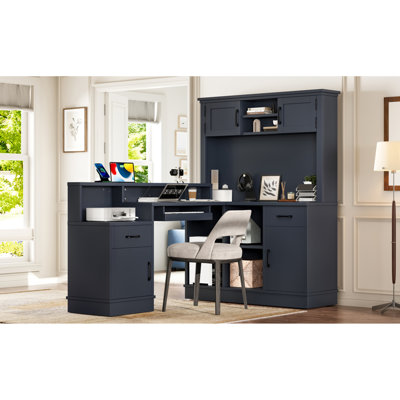 Bureaux modernes en L avec rangement, fabrication en MDF, finition bleue pour un usage domestique