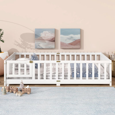 Floor Bed With Fence And Door,Rubber Wood Floor Bed With Safety Guardrails by Ophelia & Co.