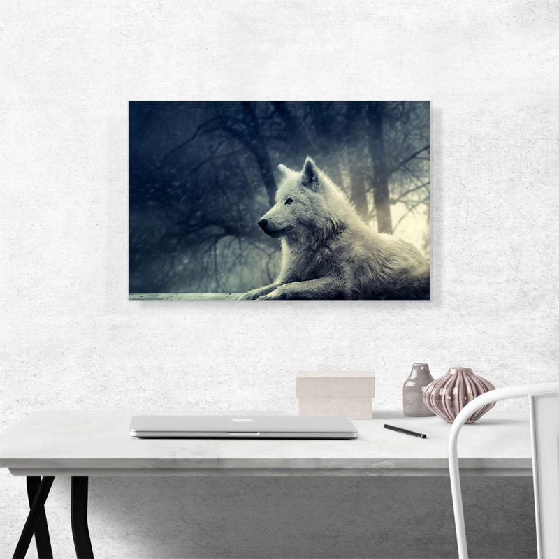 Loup blanc dans la forêt - reproduction de photo sur toile tendue, H 18 po x l 26 po x P 0,75 po