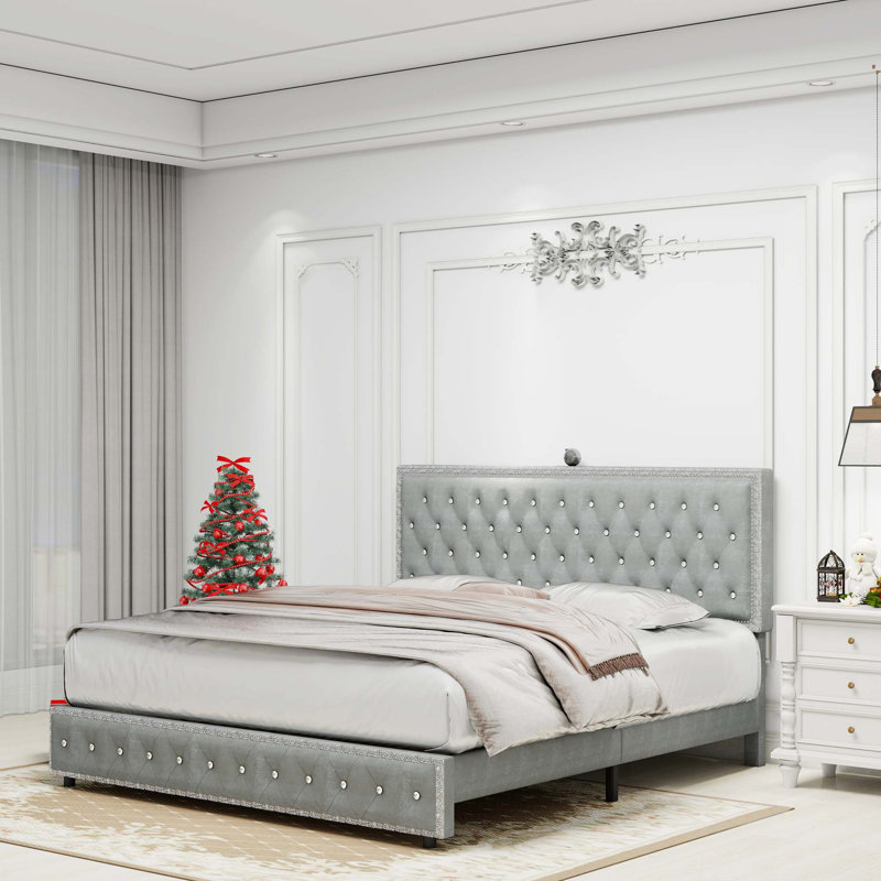 Cadre de lit avec projecteur étoile Galaxy Light, tête de lit tapissier réglable avec bouton en diamant, chargeur USB, haut-parleur de musique, velours