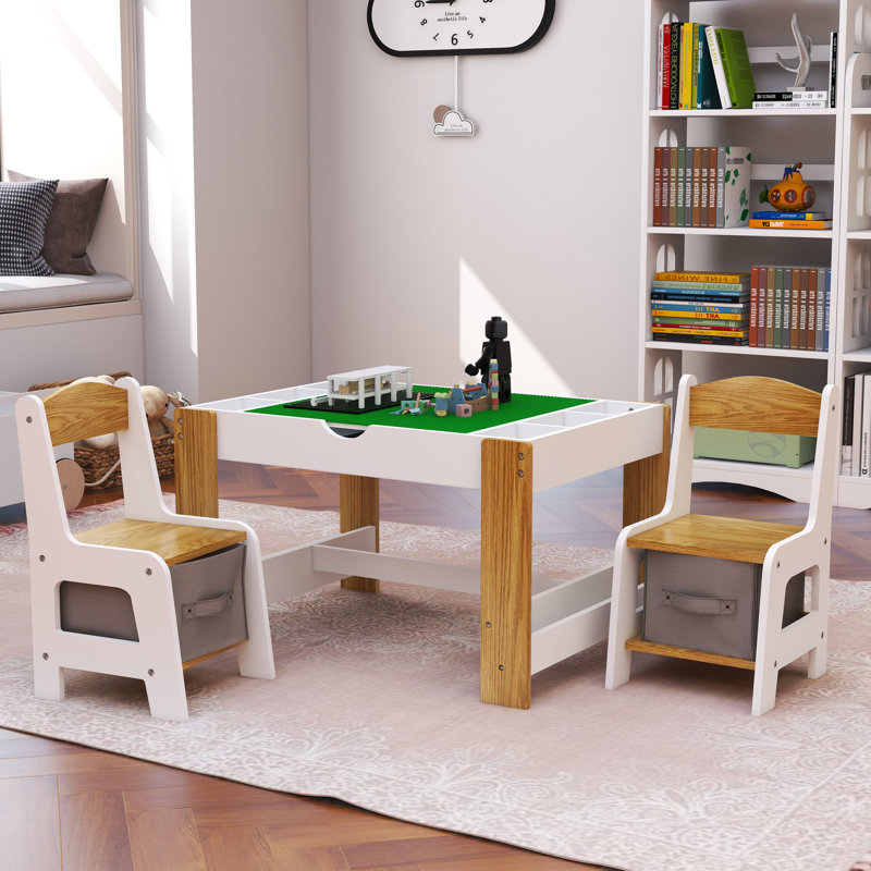 Kids Play Table And 2 Chair Set, 2 In 1 Wooden Activity Table W/storage, Compatible With Lego And Duplo Bricks, Play Building Block Table Set For Reading, Drawing, Build Blocks