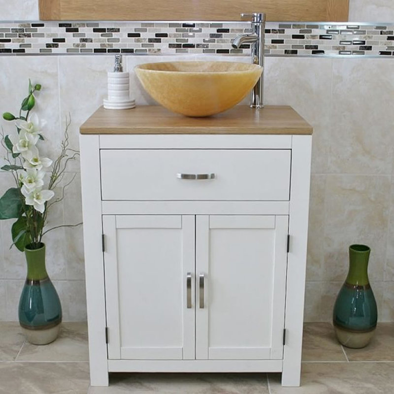 Don 700mm Single Bathroom Vanity with Vessel Basin, Travertine Basin, White