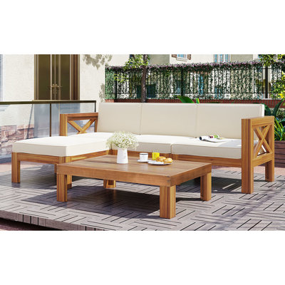 Ensemble de conversation modulaire d'extérieur pour patio, 5 pièces, bois franc, coussins beiges, modulaire de jardin pour l'extérieur