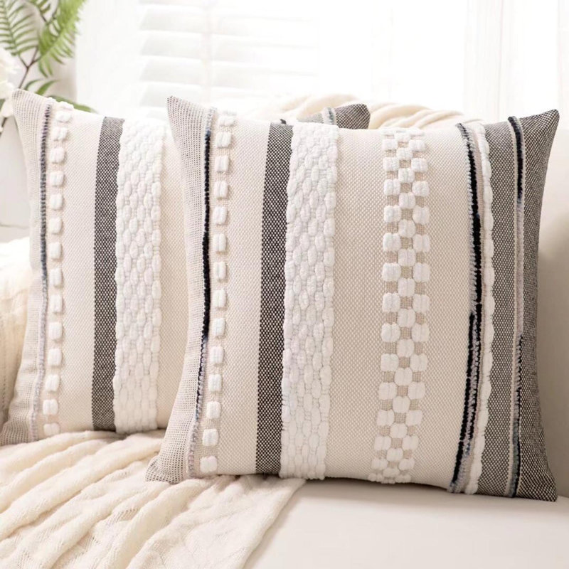 Boho Throw Pillow Covers  Set Of 2 Farmhouse Decorative Cushion Case Striped Square Pillows Cover Chenille Pillow Cases Accent Neutral Pillowcase For Sofa Couch