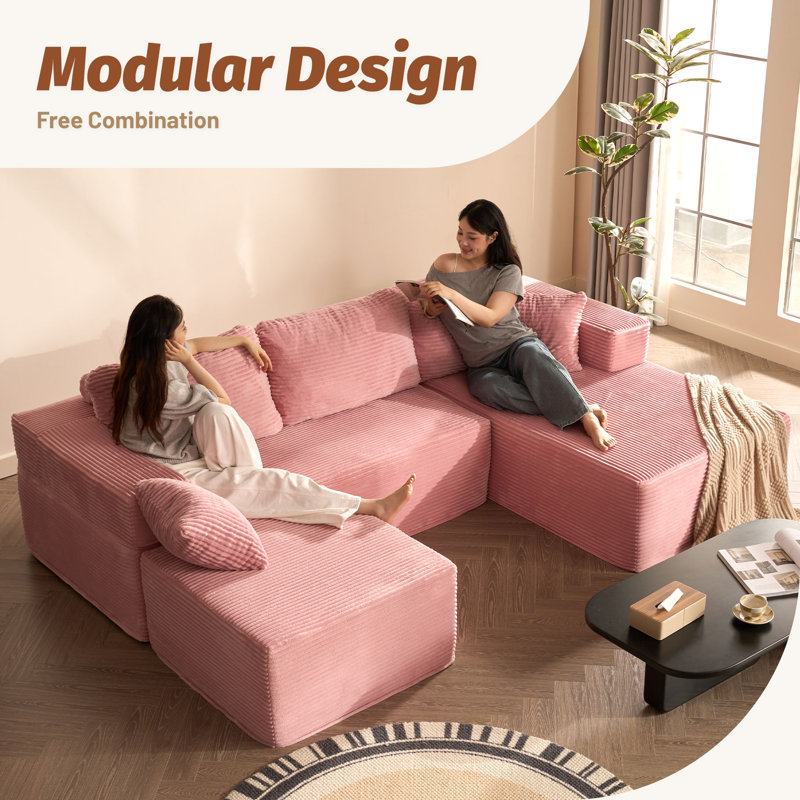 Corduroy Sofa, Pink, 272cm U-Shaped Right Chaise