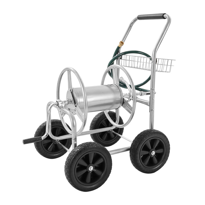 Heavy Duty Silver Steel Garden Hose Reel Cart with Storage Basket