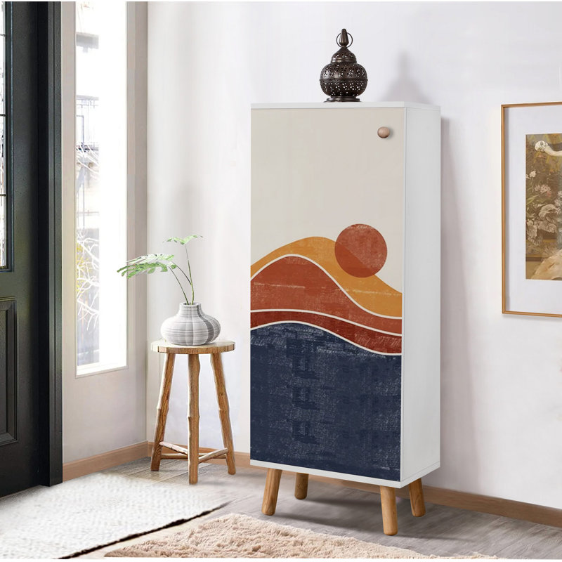 Armoire à chaussures moderne avec pieds et poignées en bois massif, blanc, 19,7 x 53,1 x 15,0 pouces | Panneau de particules 100% mélaminé, revêtement UV, nombreuses tablettes | Conception géométrique abstraite, parfaite pour les solutions d'entrée et de rangement