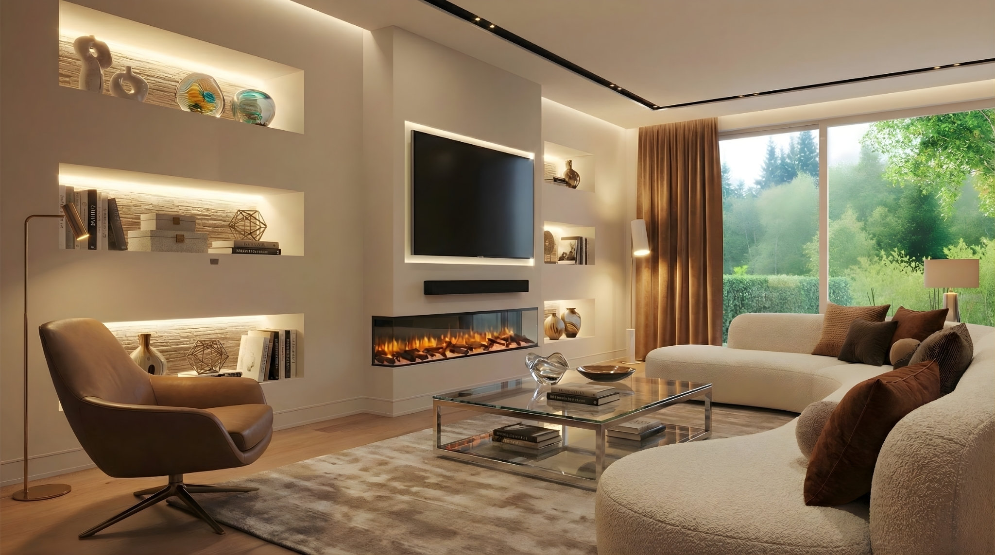 Rosedale three-sided media wall electric fireplace with LED flames