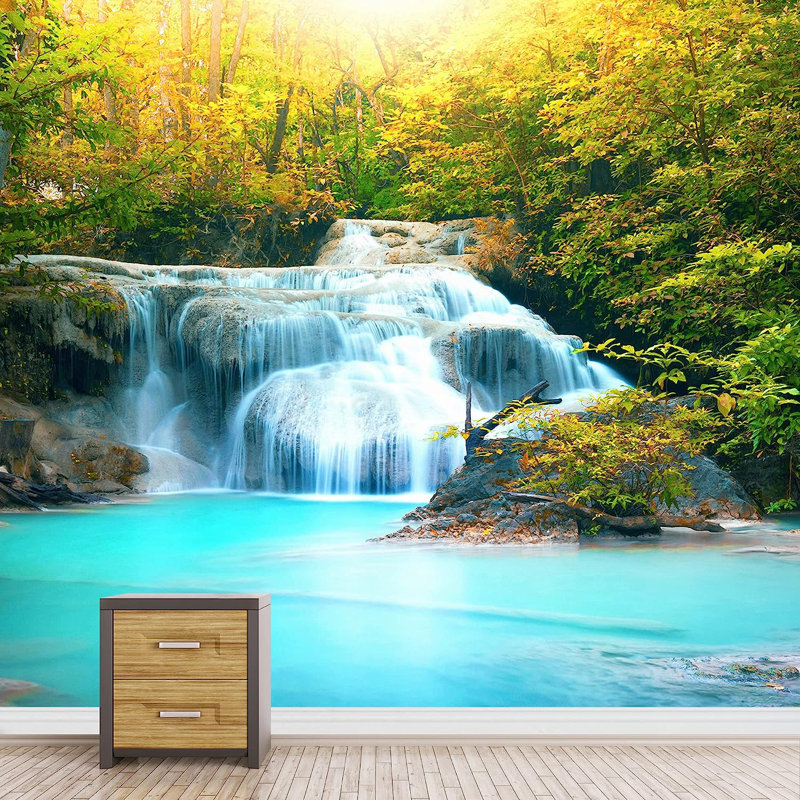 Murale rapide à peindre Sunshine over Green Forest River, L 100 po x l 144 po