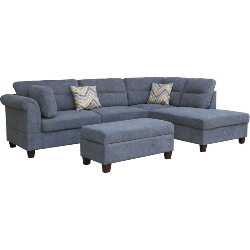 Arora 103.5" Sectional Sofa with Storage Ottoman & 2 Accent Pillows, Gray 100% Linen
