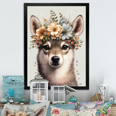 Mignon bébé Huskie avec couronne florale - art mural moderne sur toile