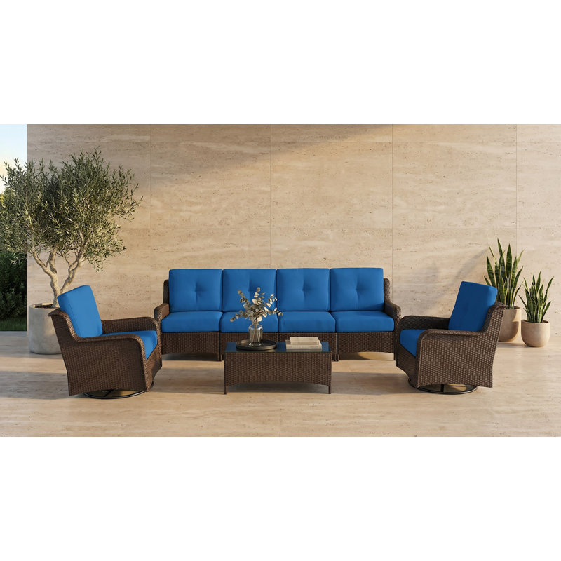 Ensemble de canapé modulaire d'extérieur 7 pièces avec chaises pivotantes et coussins de pluie de 6 pouces, Bleu