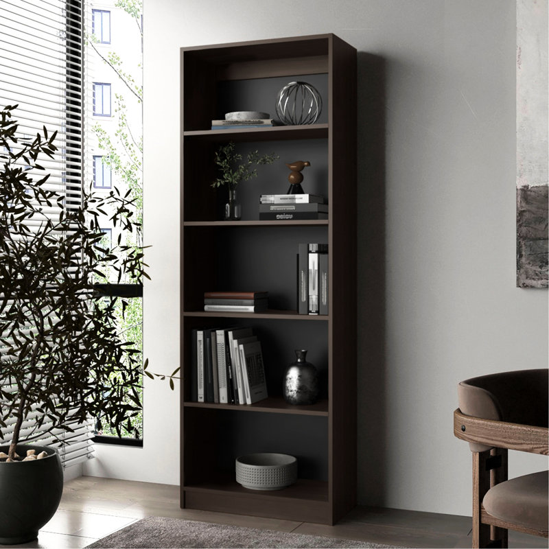 Bibliothèque en noyer teinté avec 5 tablettes et rangement ouvert, conception à 4 niveaux pour compléter verticalement différents styles de meubles, espace de vie principal de la tablette à cadre rempli, tablettes horizontales, dossier fermé,