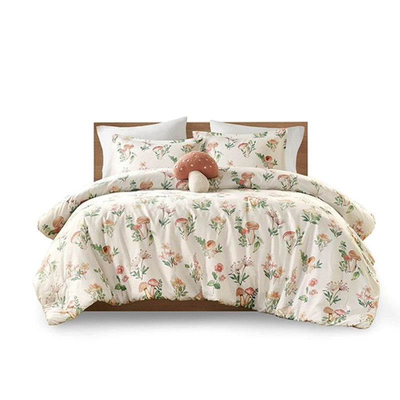 Édredon double / grand, imprimé champignon fantaisiste et motif de fleurs, lavable à la machine