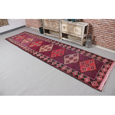 Antique Turkish Vintage Wool Runner Rug in Neutral and Purple For Hallway Decoration